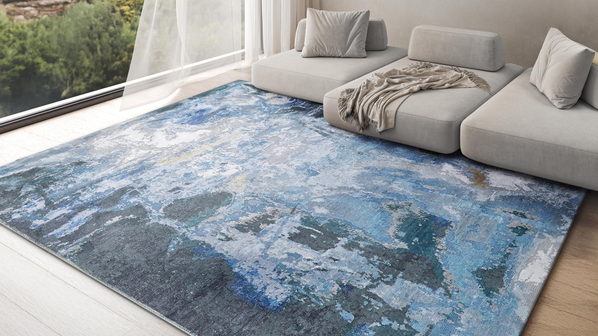 Exquisite Rugs Cosmo Hand-Knotted Wool and Bamboo Silk 5706 Blue/Silver/Dark Gray 14' x 10' Area Rug