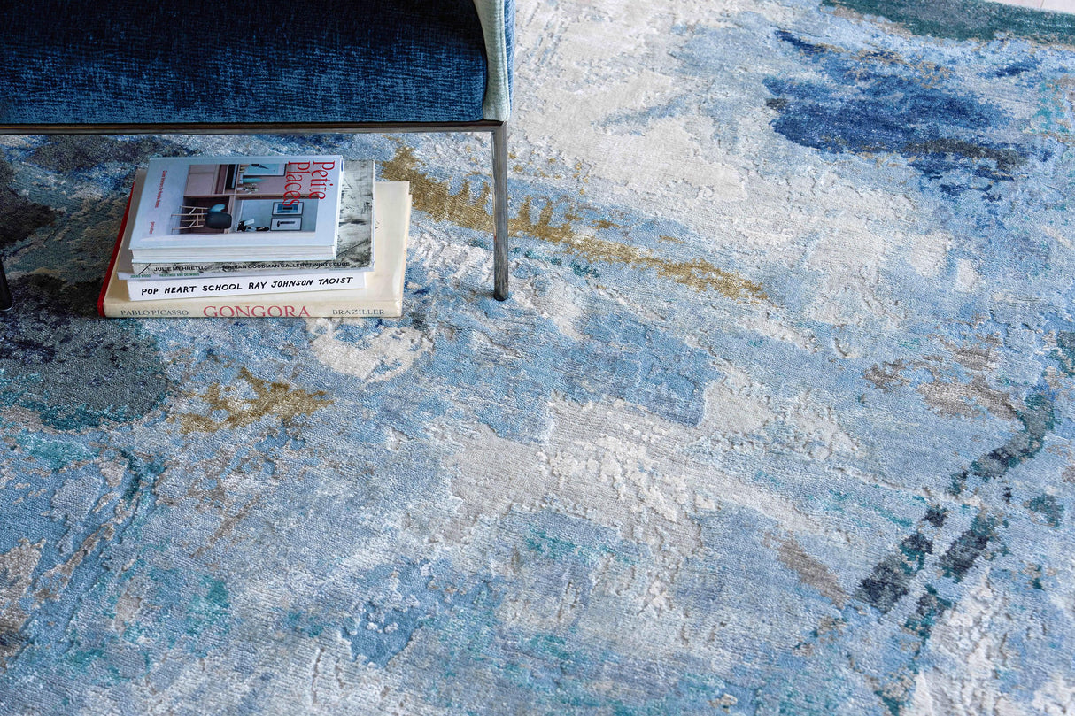 Exquisite Rugs Cosmo Hand-Knotted Wool and Bamboo Silk 5706 Blue/Silver/Dark Gray 14' x 10' Area Rug
