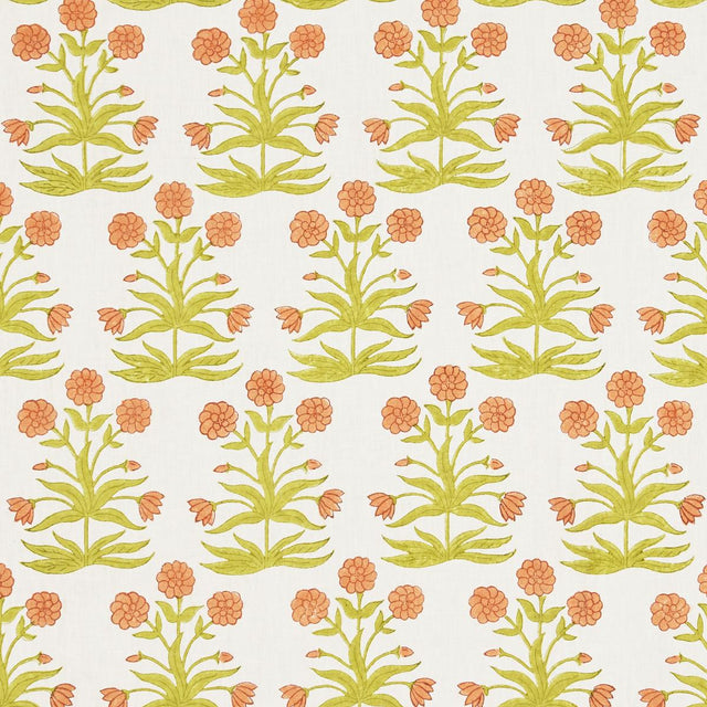Schumacher Mughal Hand Block Print Peach Sap Green Fabric