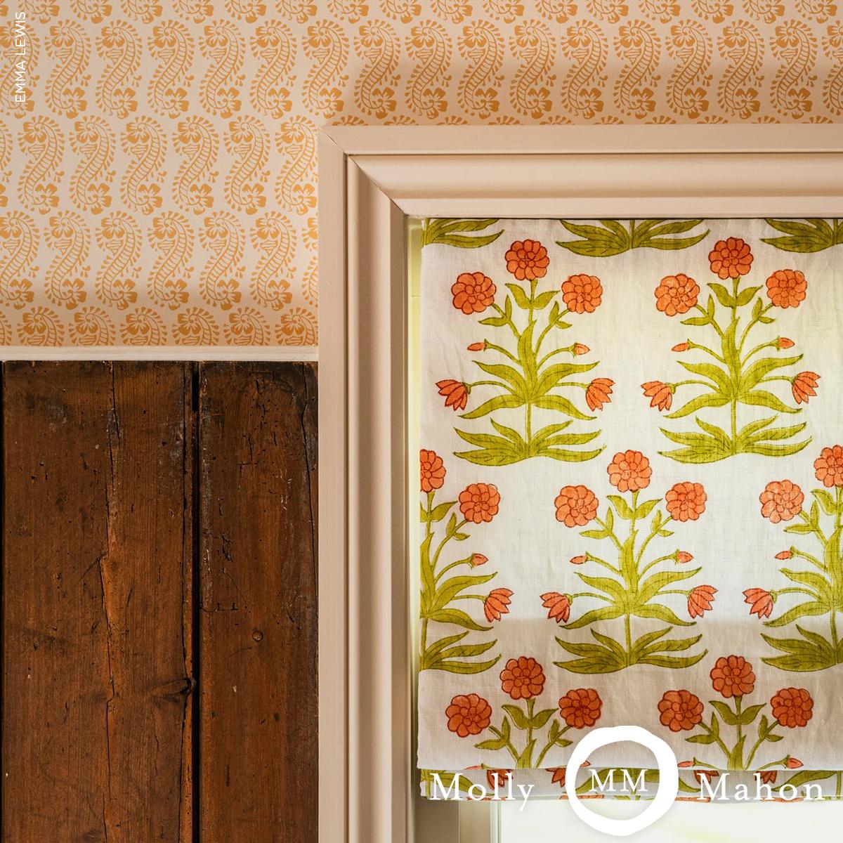 Schumacher Mughal Hand Block Print Peach Sap Green Fabric