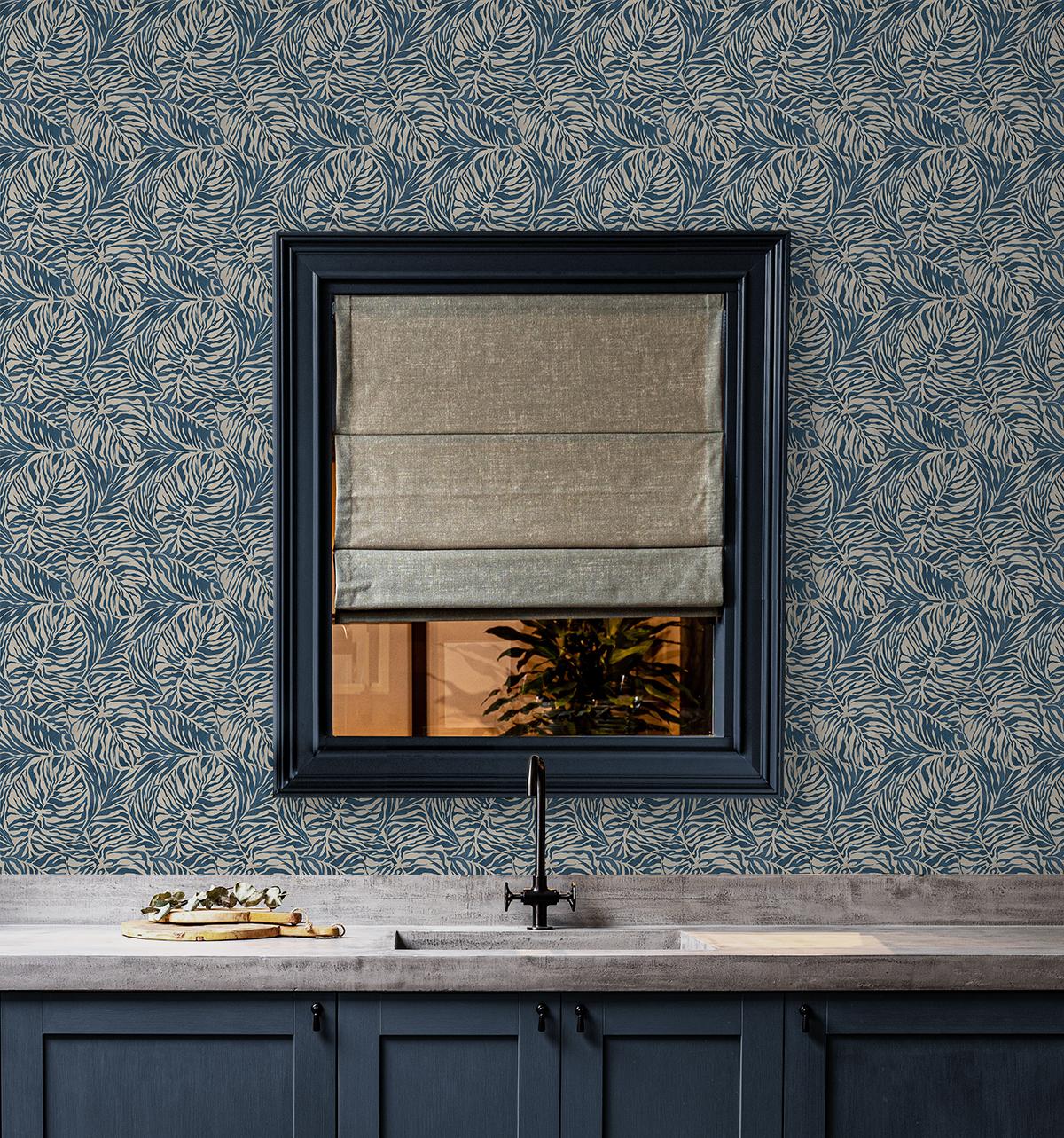 Tommy Bahama Zebra Leaf Indigo Wallpaper