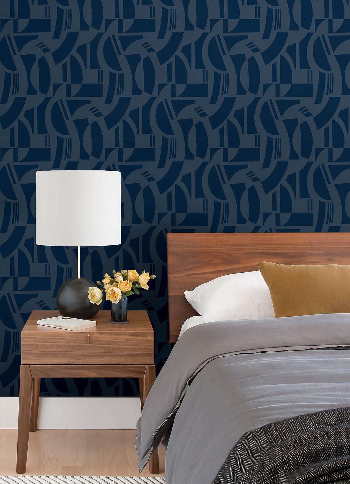 A-Street Prints Carter Indigo Geometric Flock Wallpaper by Scott Living