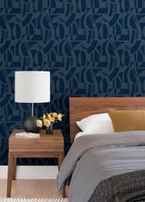 A-Street Prints Carter Indigo Geometric Flock Wallpaper by Scott Living