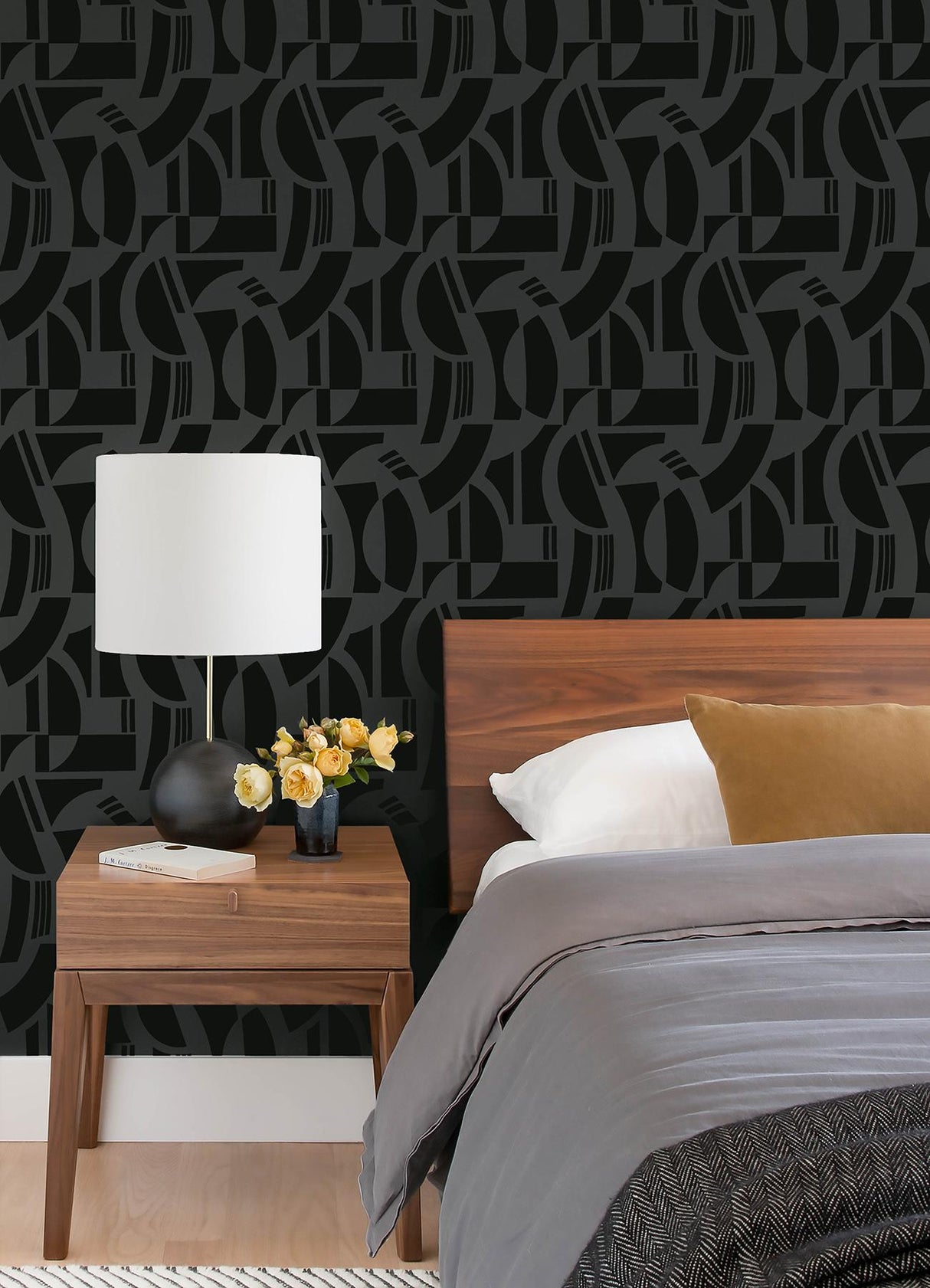 A-Street Prints Carter Black Geometric Flock Wallpaper by Scott Living
