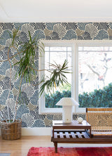 A-Street Prints Trousdale Dark Blue Fanning Flora Wallpaper by Scott Living