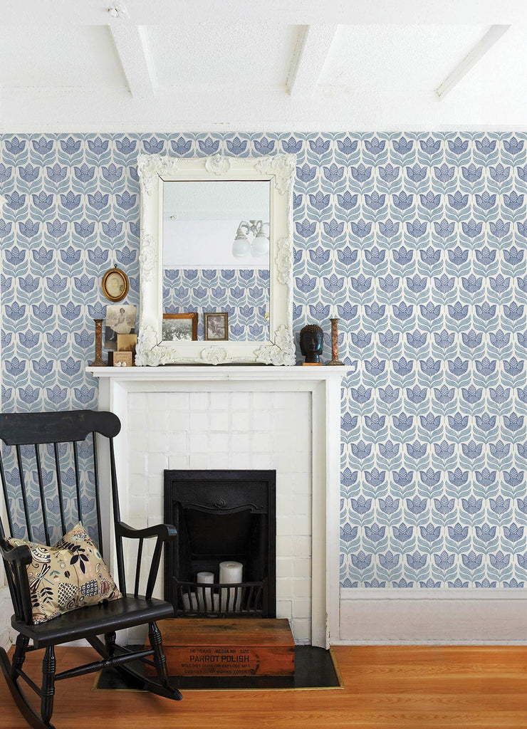 Brewster Home Fashions Cathal Blue Tulip Block Print Wallpaper