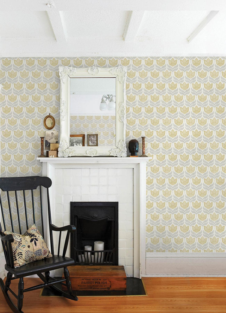 Brewster Home Fashions Cathal Mustard Tulip Block Print Wallpaper