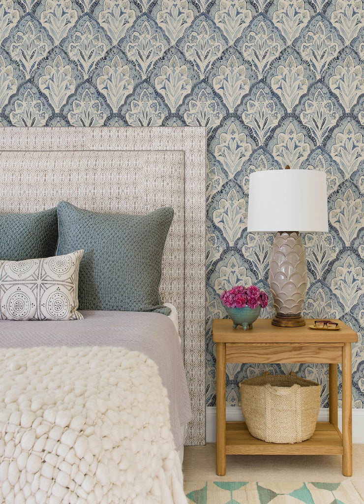 Brewster Home Fashions Mimir Blue Quilted Damask Wallpaper