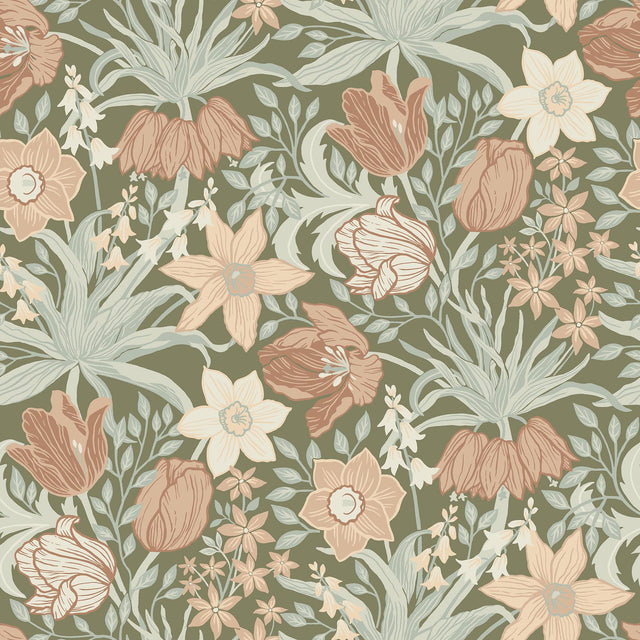 A-Street Prints Cecilia Moss Tulip and Daffodil Wallpaper