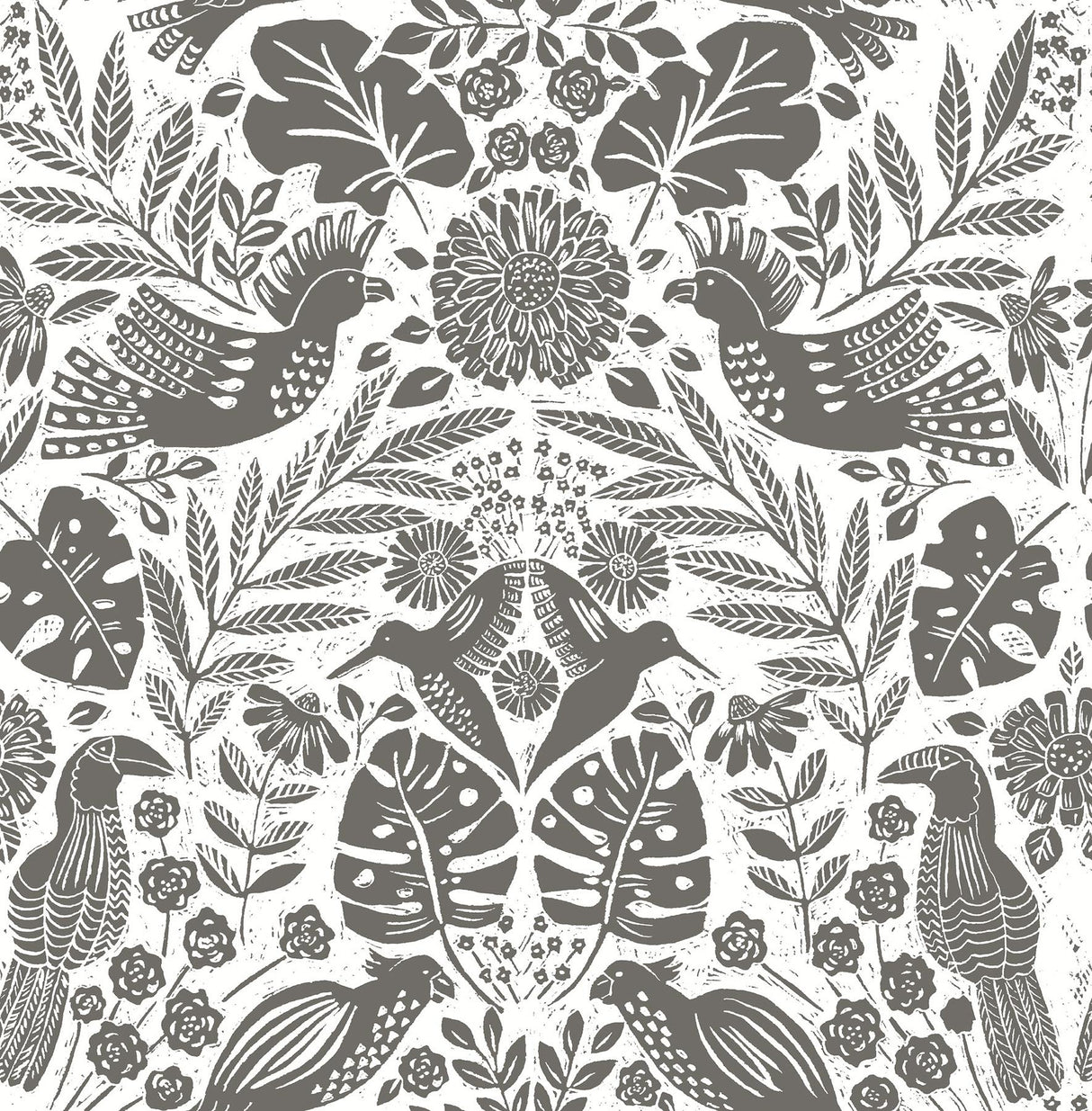 A-Street Prints Nestle Charcoal Bird Block Print Wallpaper