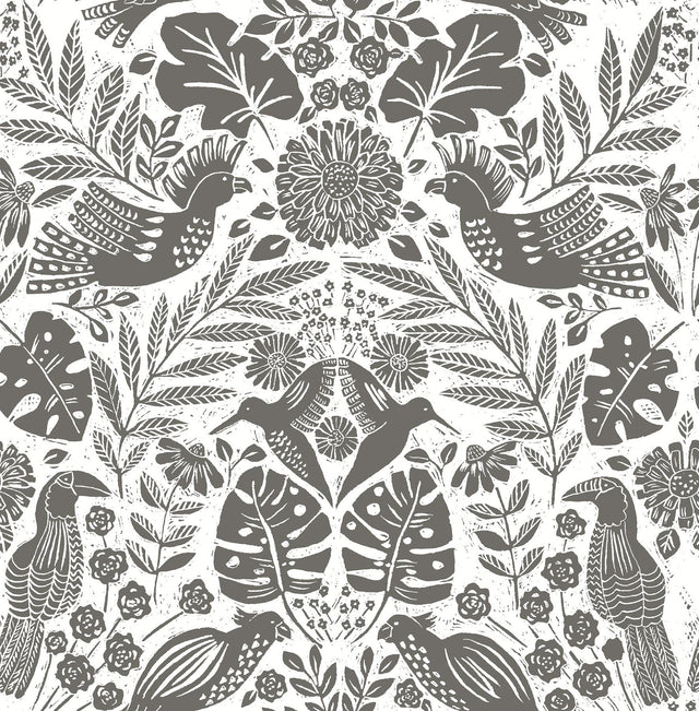 A-Street Prints Nestle Charcoal Bird Block Print Wallpaper