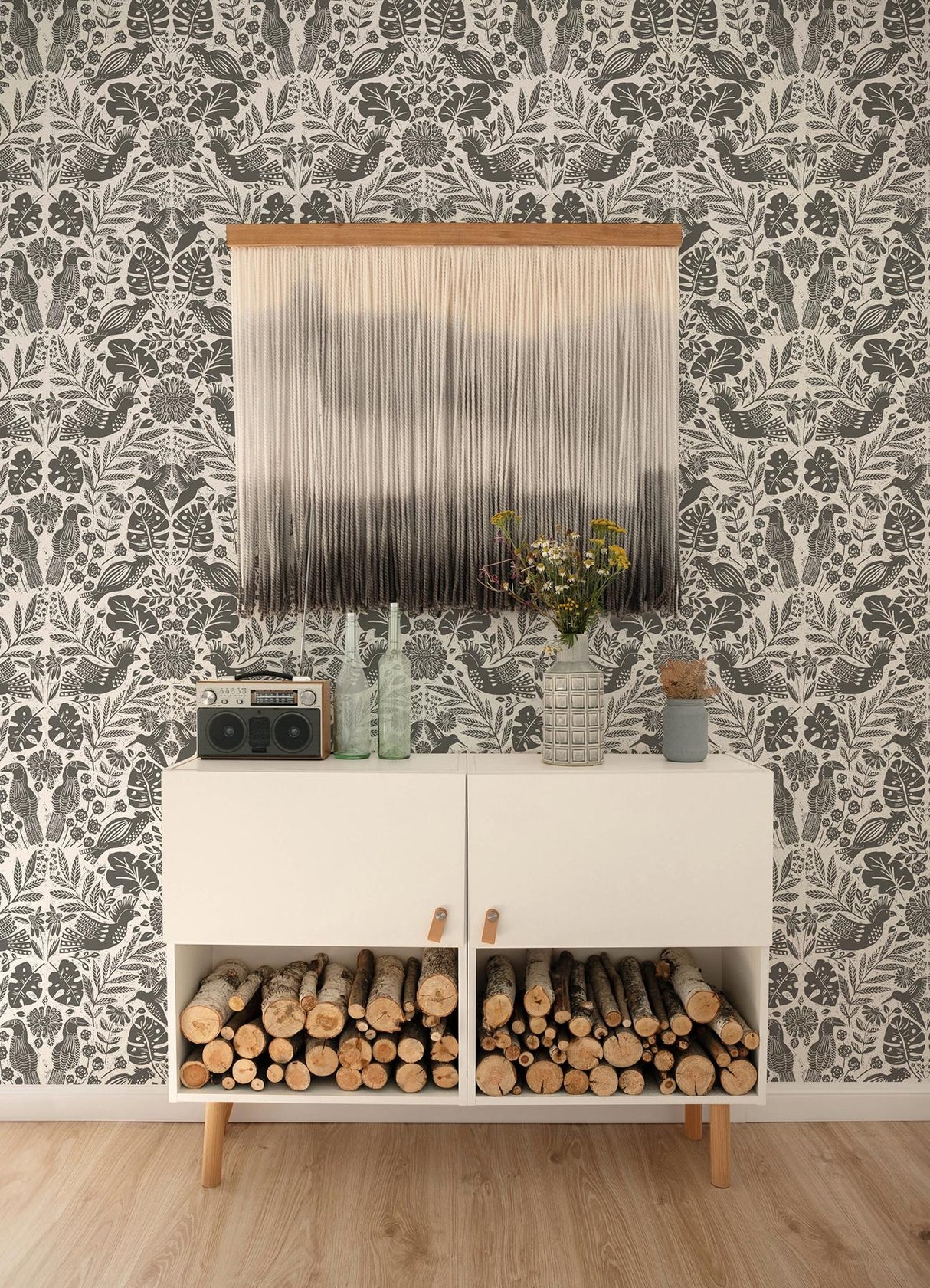 A-Street Prints Nestle Charcoal Bird Block Print Wallpaper