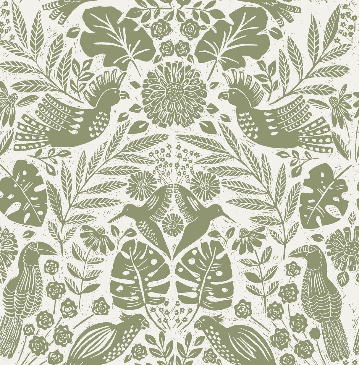 A-Street Prints Nestle Green Bird Block Print Wallpaper