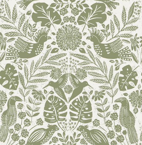 A-Street Prints Nestle Green Bird Block Print Wallpaper