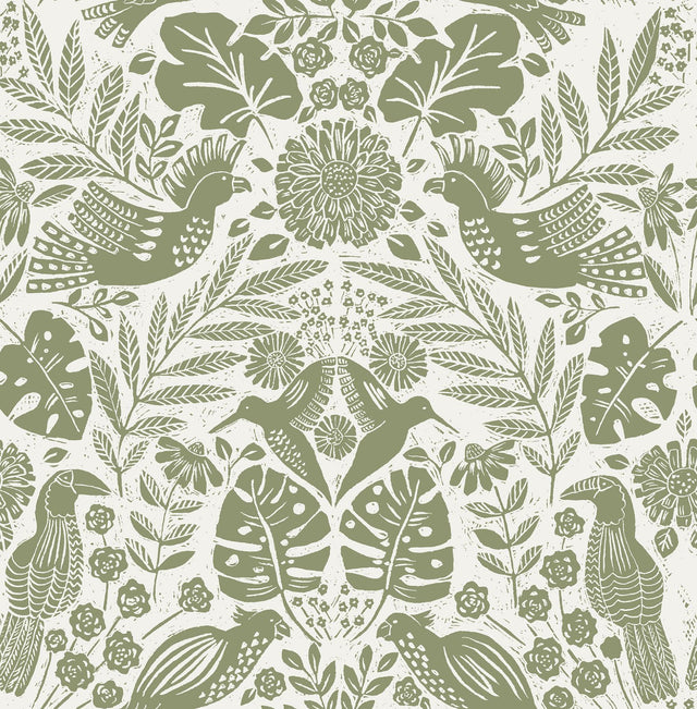 A-Street Prints Nestle Green Bird Block Print Wallpaper