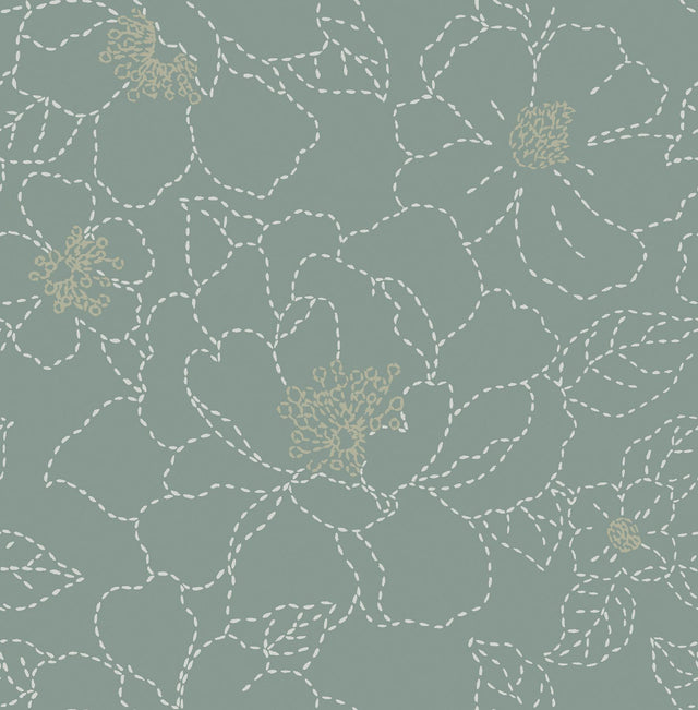 A-Street Prints Gardena Sea Green Embroidered Floral Wallpaper