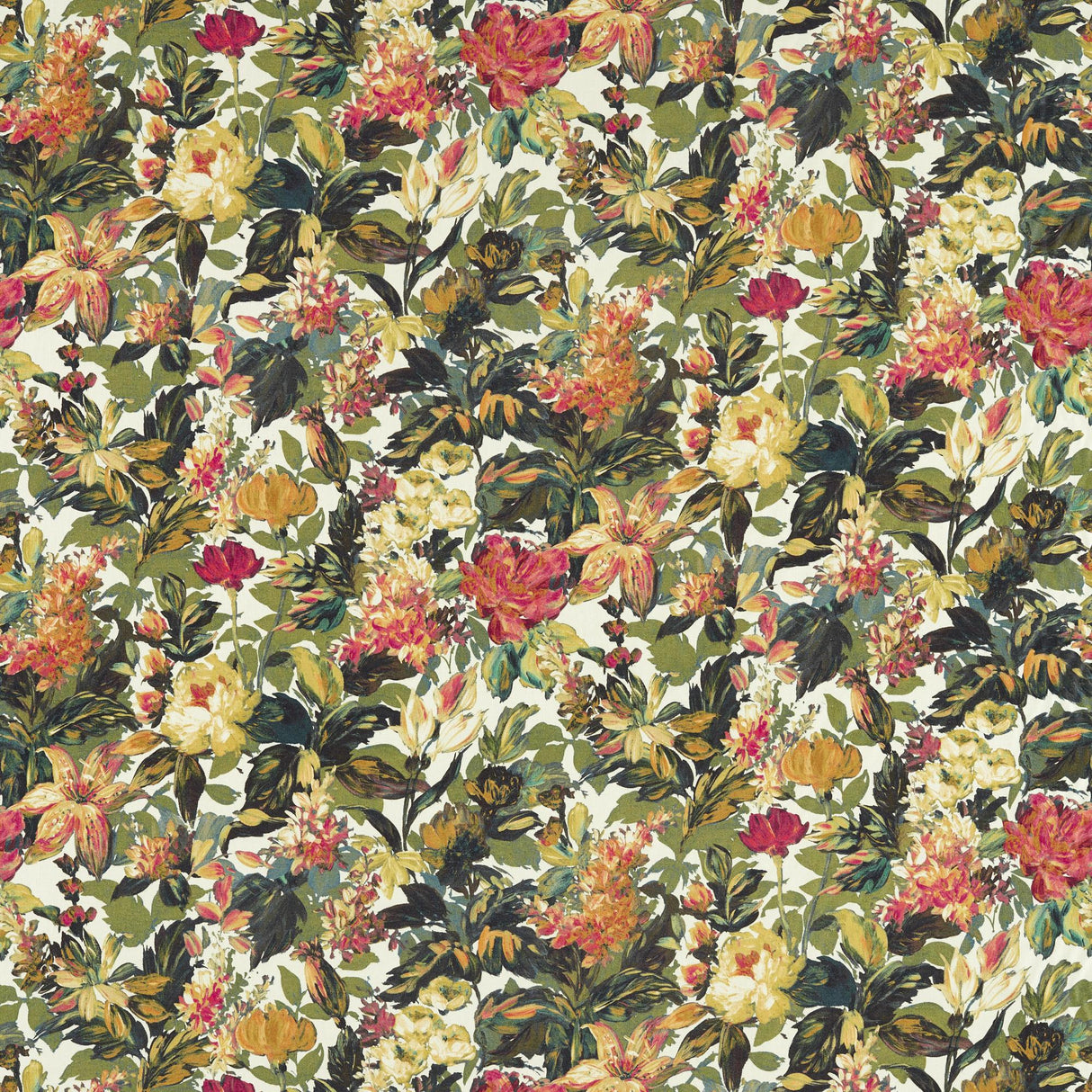 Clarke & Clarke LILUM OLIVE RASPBERRY Upholstery Fabric