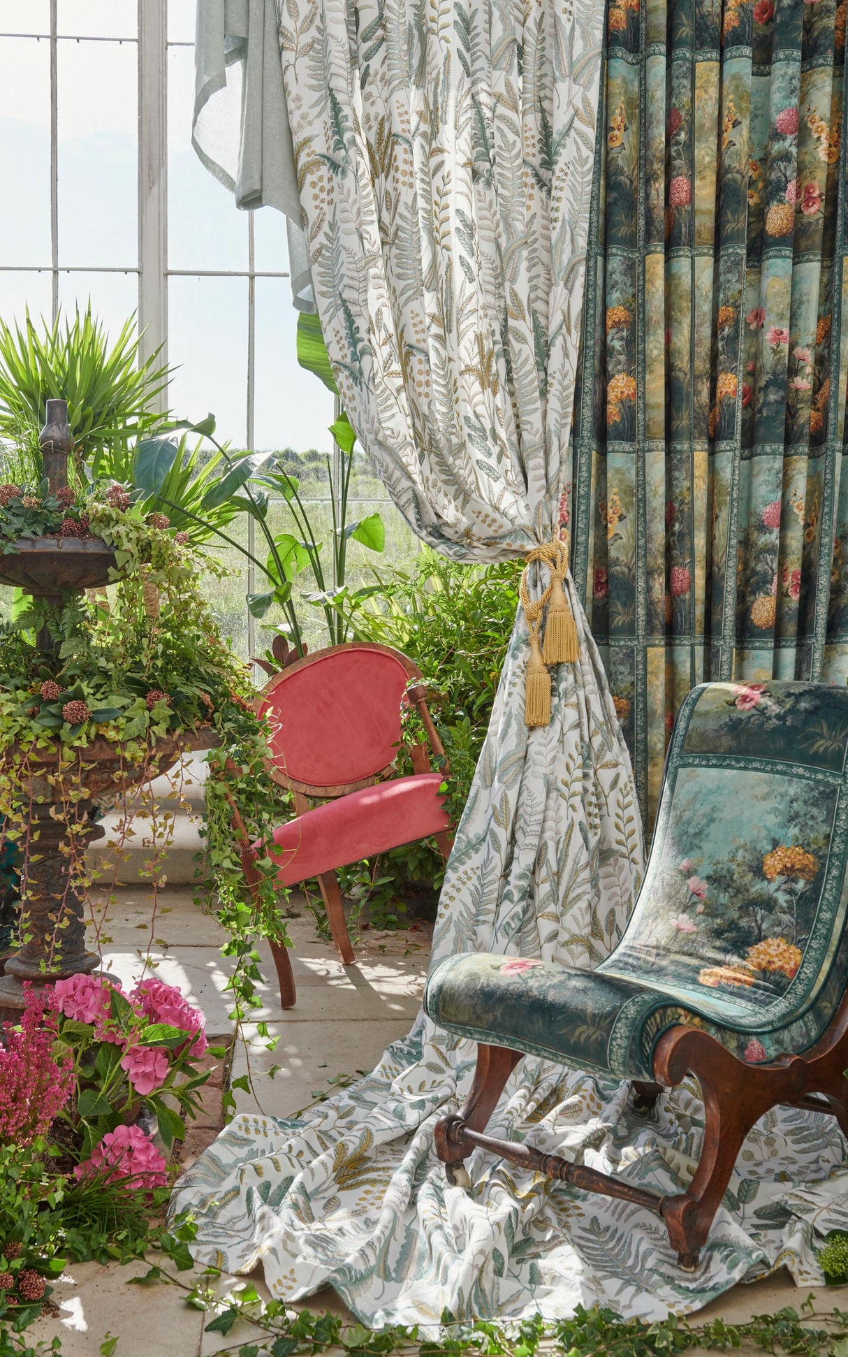 Clarke & Clarke LILUM OLIVE RASPBERRY Upholstery Fabric