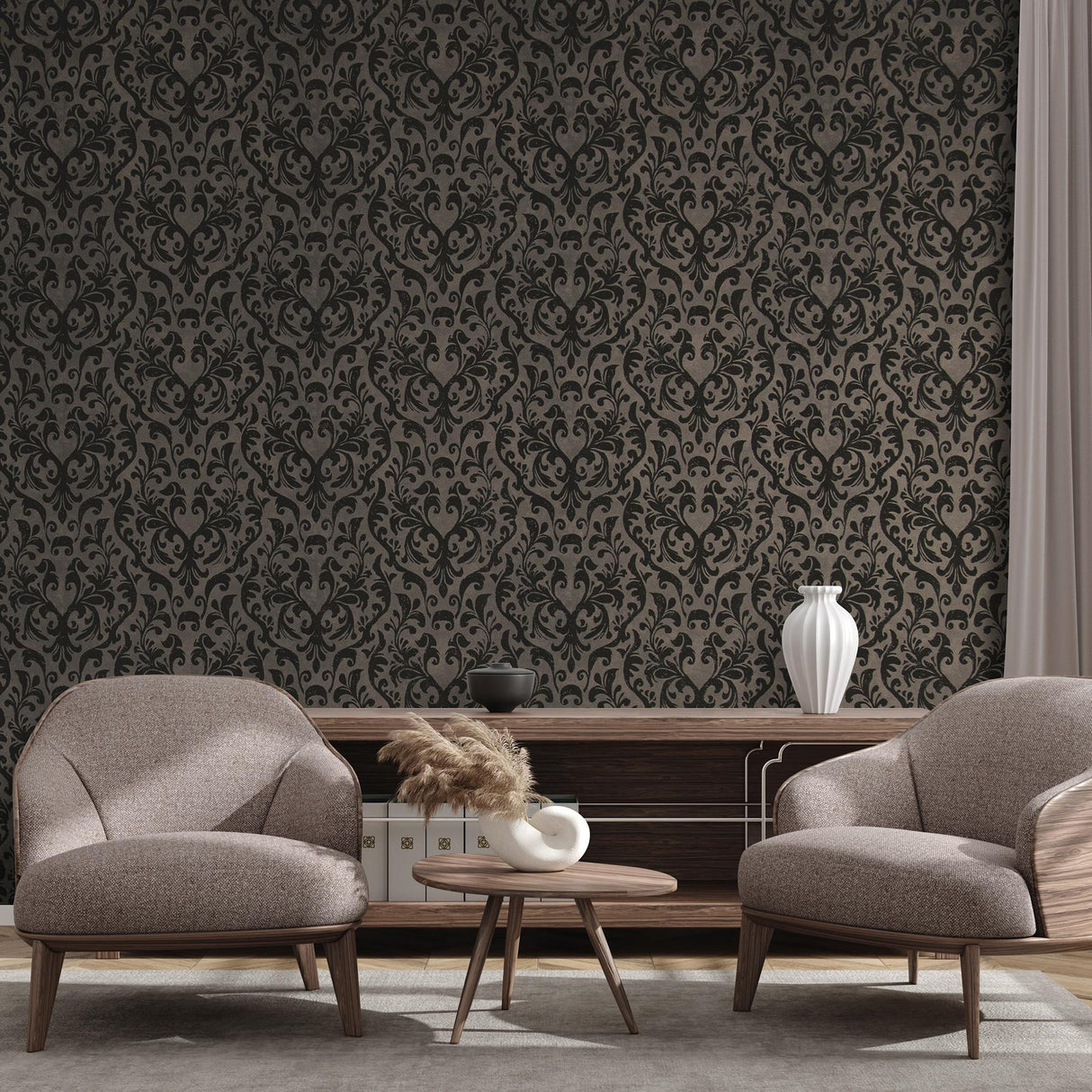 Galerie Mayfair / Loft Damask Flock Bronze Brown Wallpaper