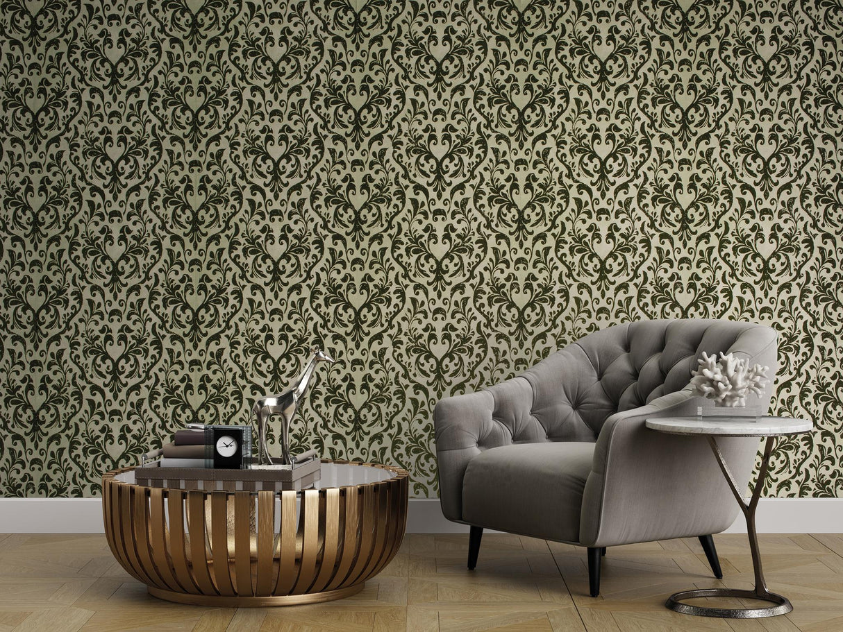 Galerie Mayfair / Loft Damask Flock Green Wallpaper