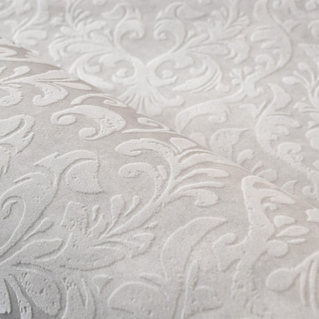 Galerie Mayfair / Loft Damask Flock Silver Grey Wallpaper