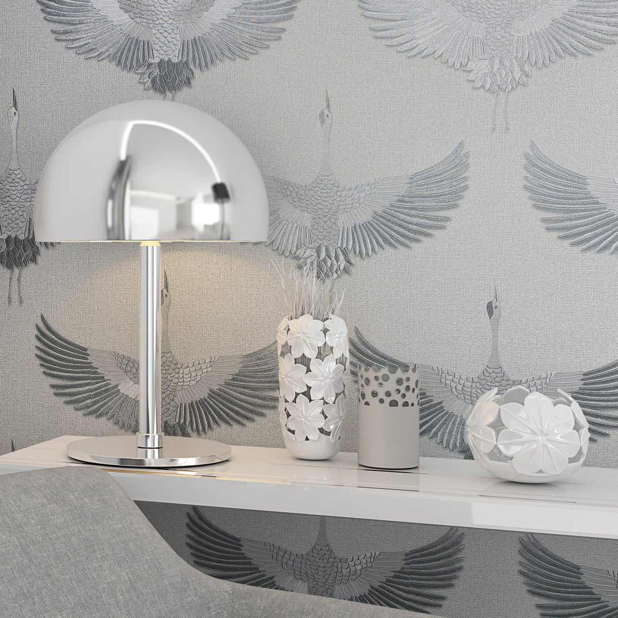 Galerie 34530 Kumano Stork Silver Grey Wallpaper 34530 Silver Grey Wallpaper