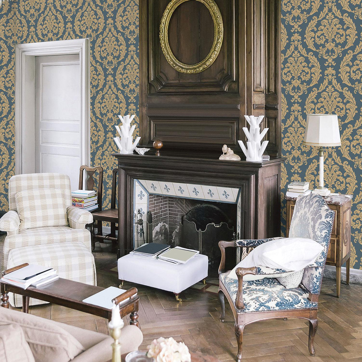 Galerie Silk Damask Blue Wallpaper