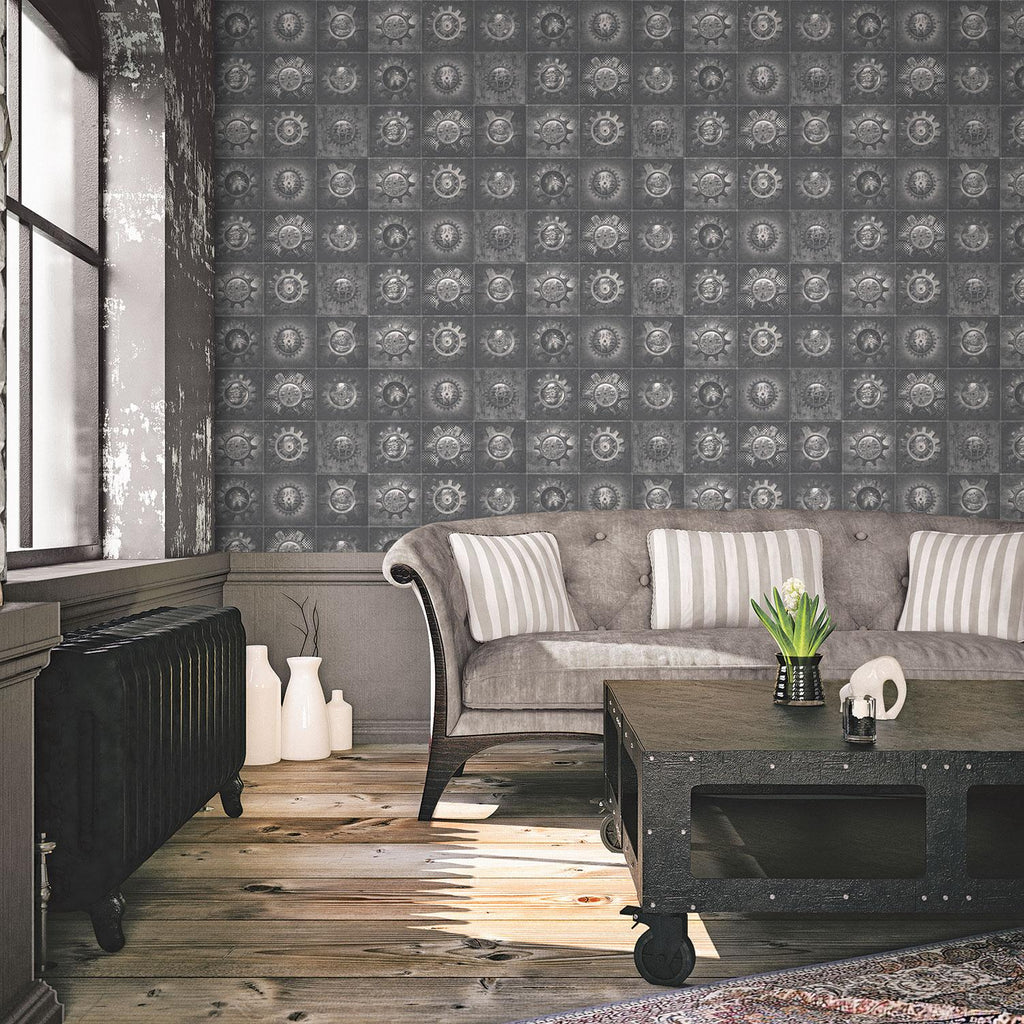Galerie Industrial Tiles Silver Grey Wallpaper