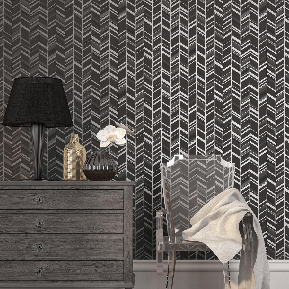 Galerie Glitter Chevrons Black Wallpaper