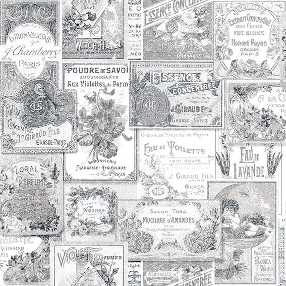 Galerie Perfume Labels Silver Grey Wallpaper