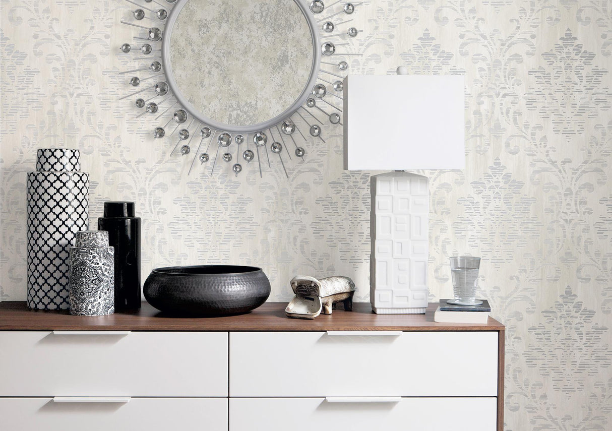Galerie Modern Metallic Damask Silver Grey Wallpaper
