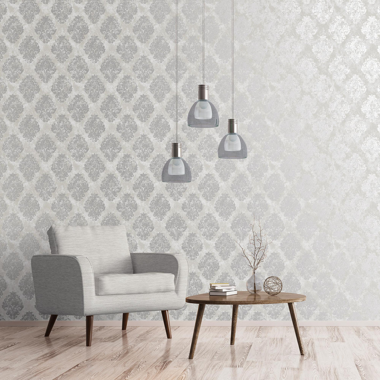 Galerie Metallic Damask Silver Grey Wallpaper
