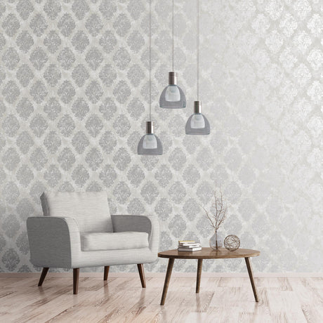 Galerie Metallic Damask Silver Grey Wallpaper