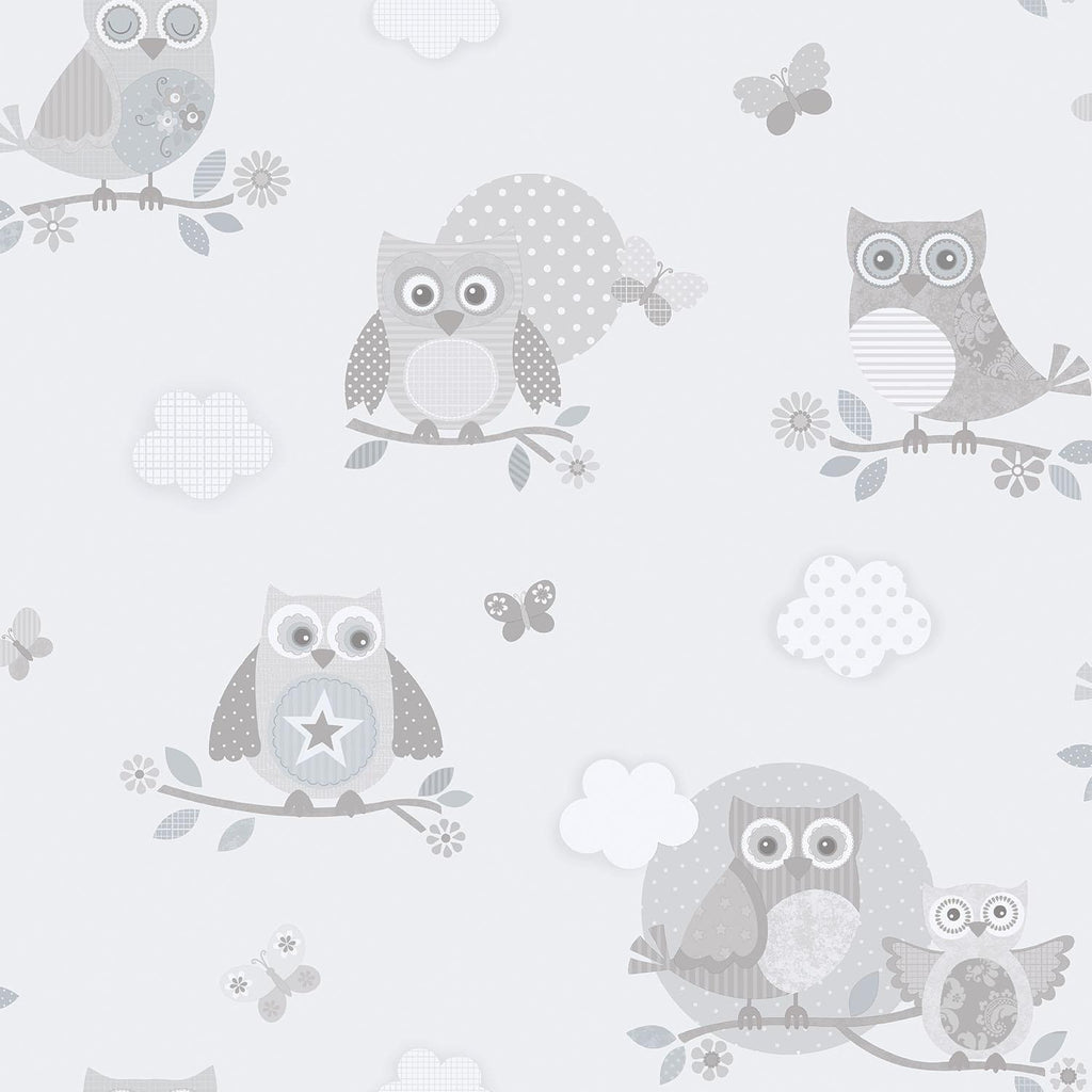 Galerie Mono Owls Silver Grey Wallpaper