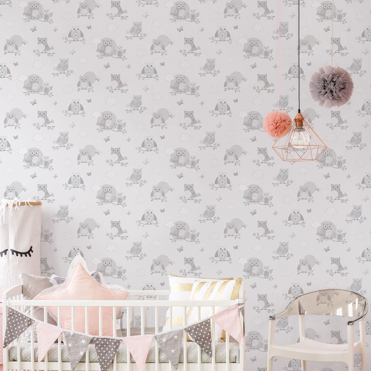 Galerie Mono Owls Silver Grey Wallpaper