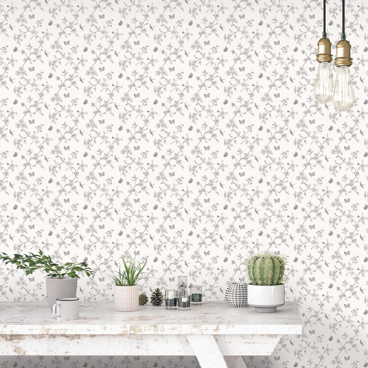 Galerie Small Floral Butterfly Dragonfly White Wallpaper