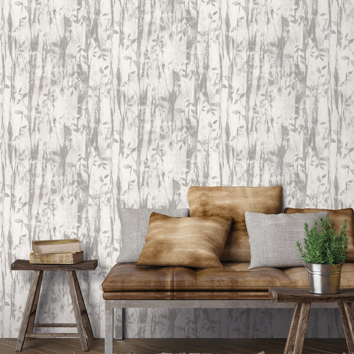 Galerie Batik Leaves Silver Grey Wallpaper