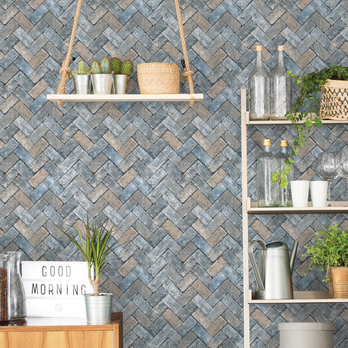 Galerie Herringbone Brick Blue Wallpaper