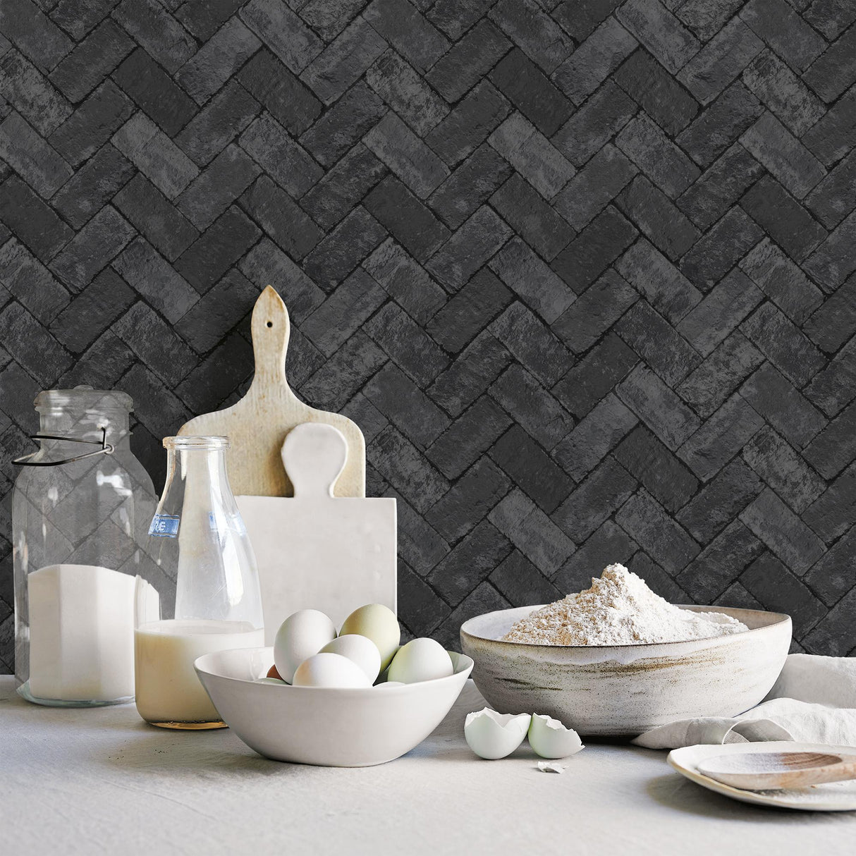 Galerie Herringbone Brick Black Wallpaper