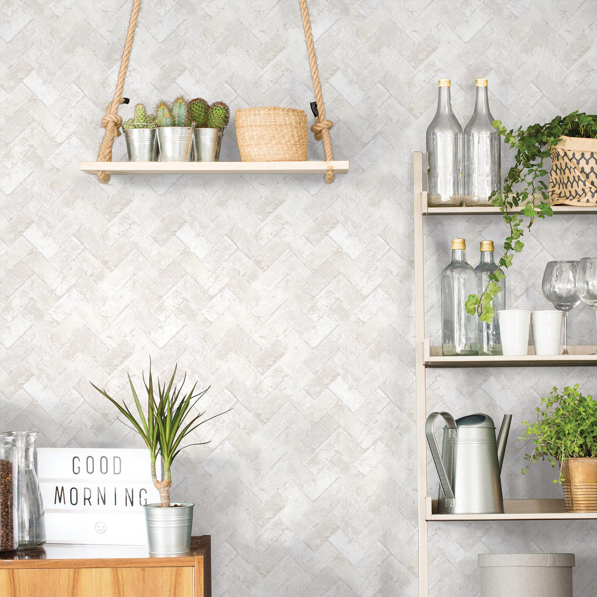 Galerie Herringbone Brick Beige Wallpaper