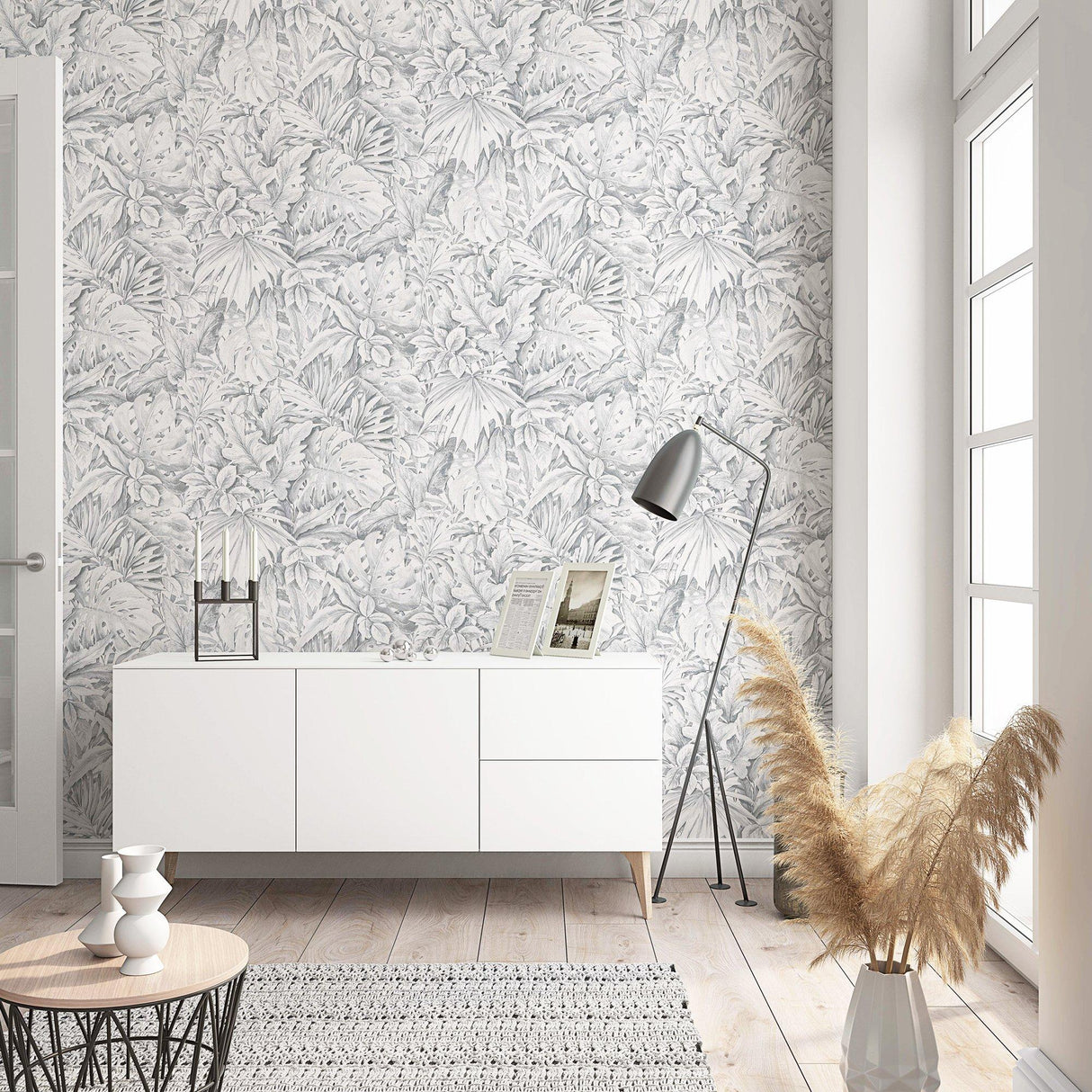 Galerie EN3330814 Eden Jungle Leaves Silver Grey Wallpaper EN3330814 Silver Grey Wallpaper