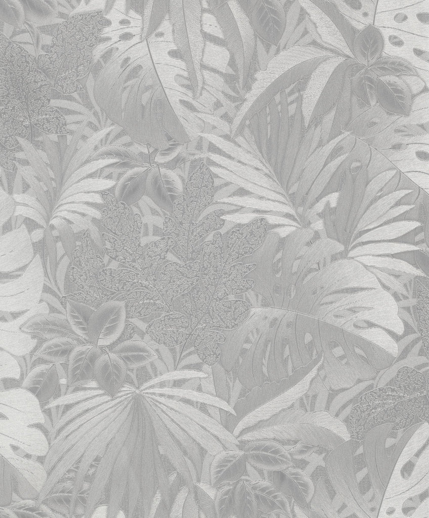 Galerie Metallic Jungle Leaves Silver Grey Wallpaper