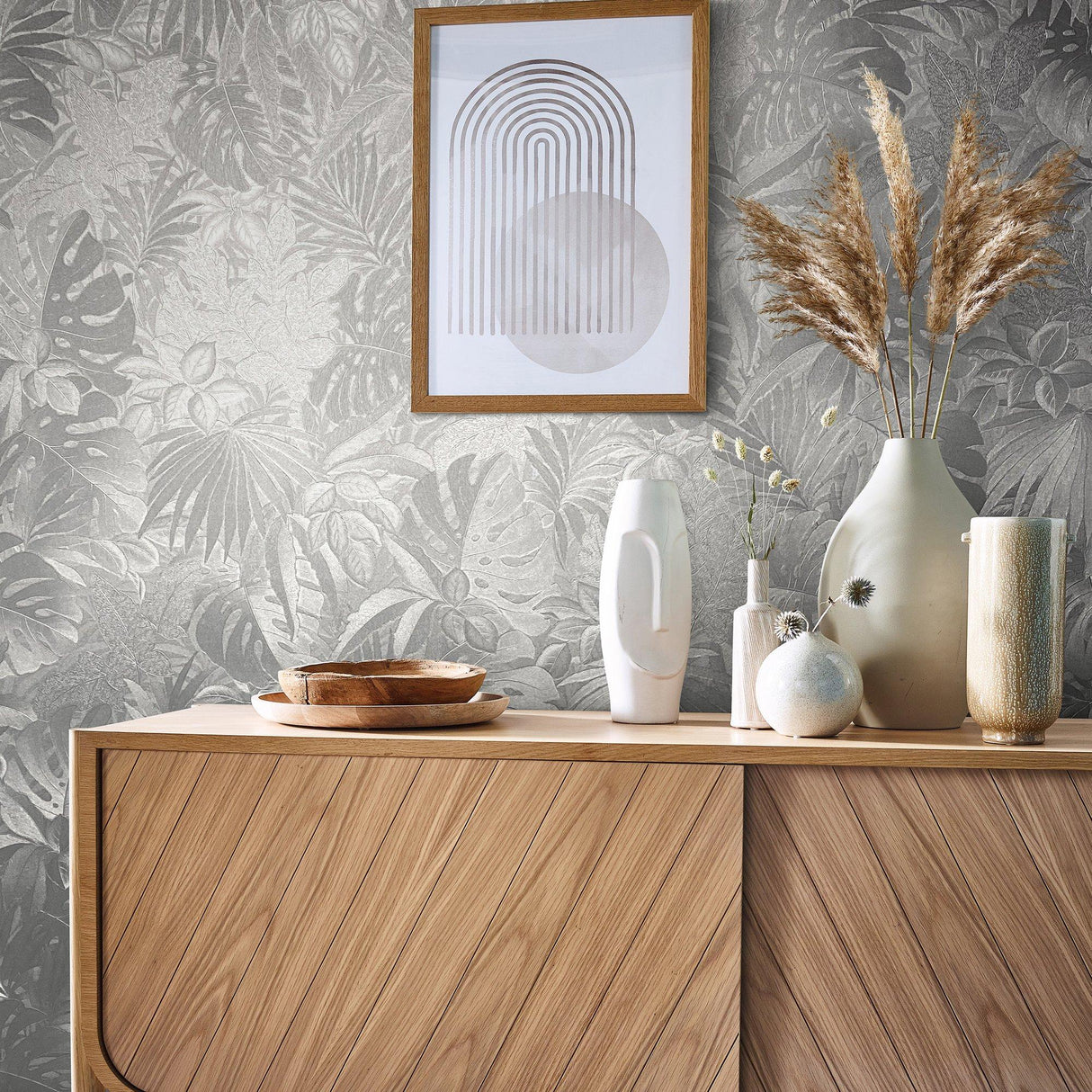 Galerie EN3330114 Eden Metallic Jungle Leaves Silver Grey Wallpaper EN3330114 Silver Grey Wallpaper