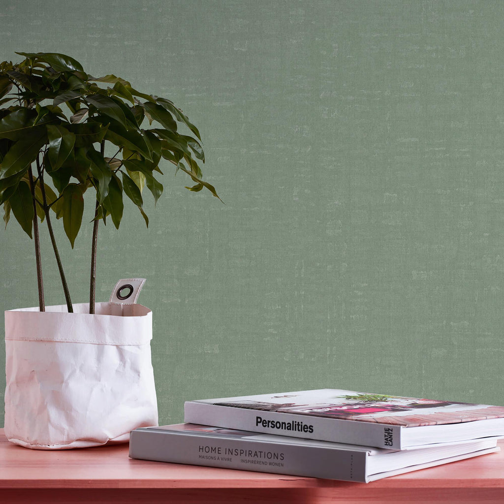 Galerie Linen Effect Textured Green Wallpaper