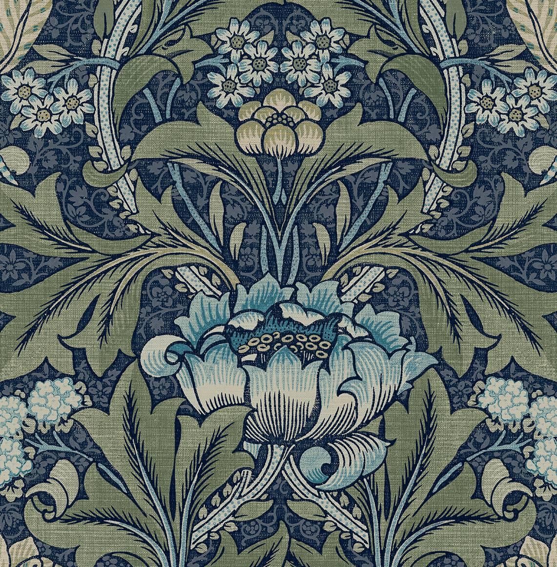 Seabrook Acanthus Floral Denim & Sage Wallpaper