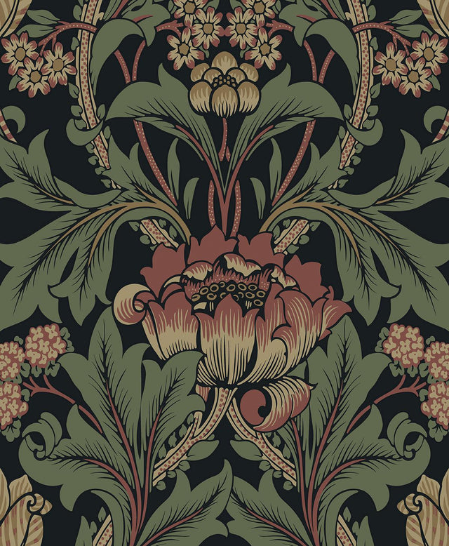 Seabrook Primrose Floral Denim Blue & Auburn Wallpaper