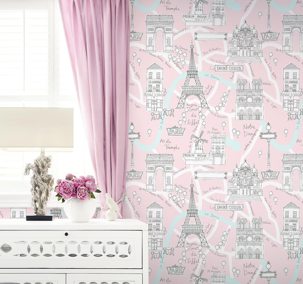Seabrook Paris Scene Pink Wallpaper