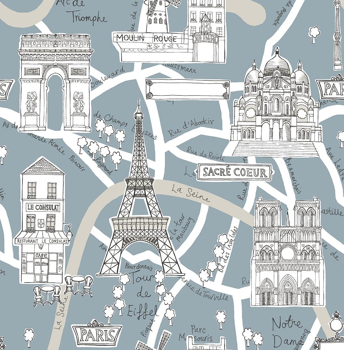 Seabrook Paris Scene Smokey Blue Wallpaper