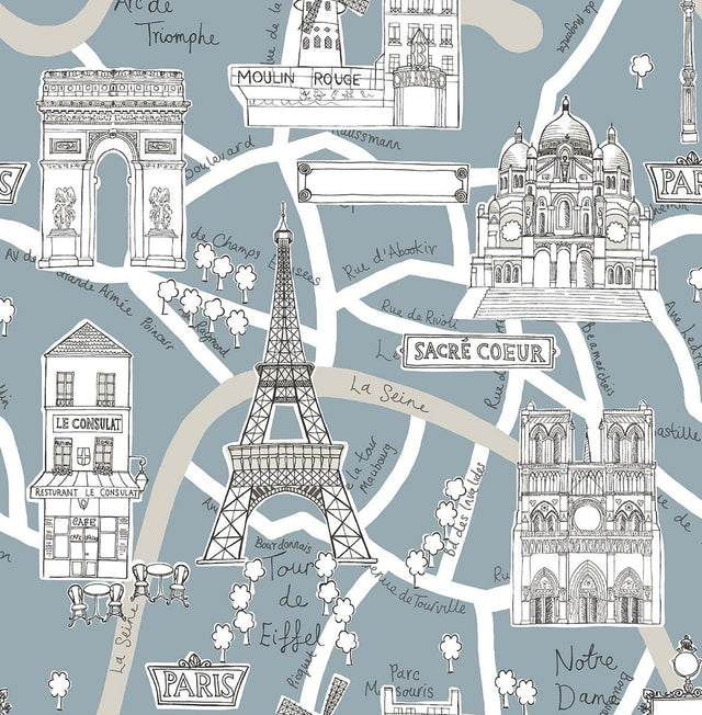 Seabrook Paris Scene Smokey Blue Wallpaper