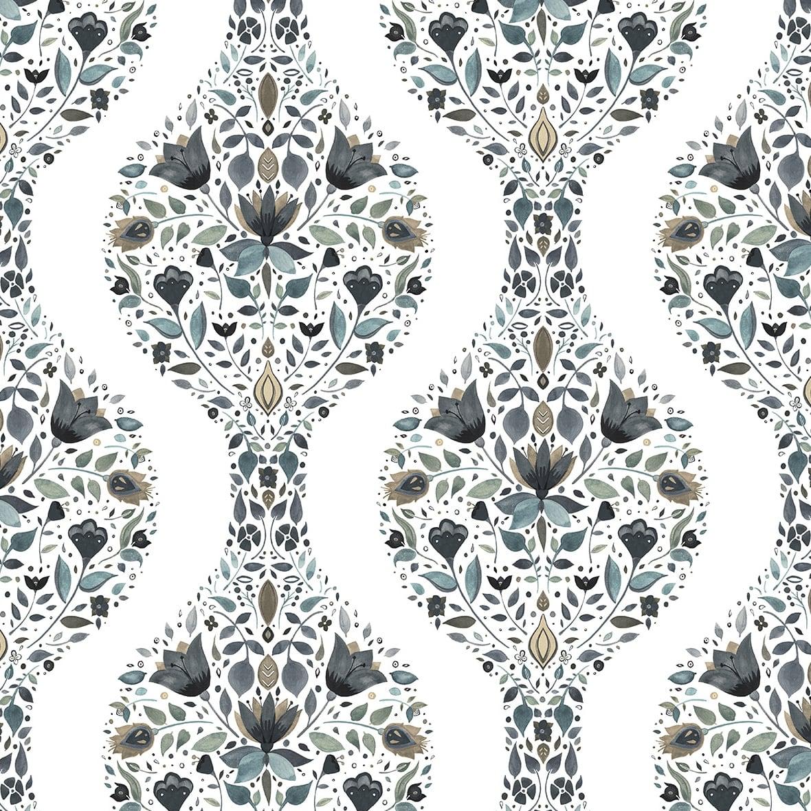 Seabrook Floral Ogee Steel & Rustic Taupe Wallpaper